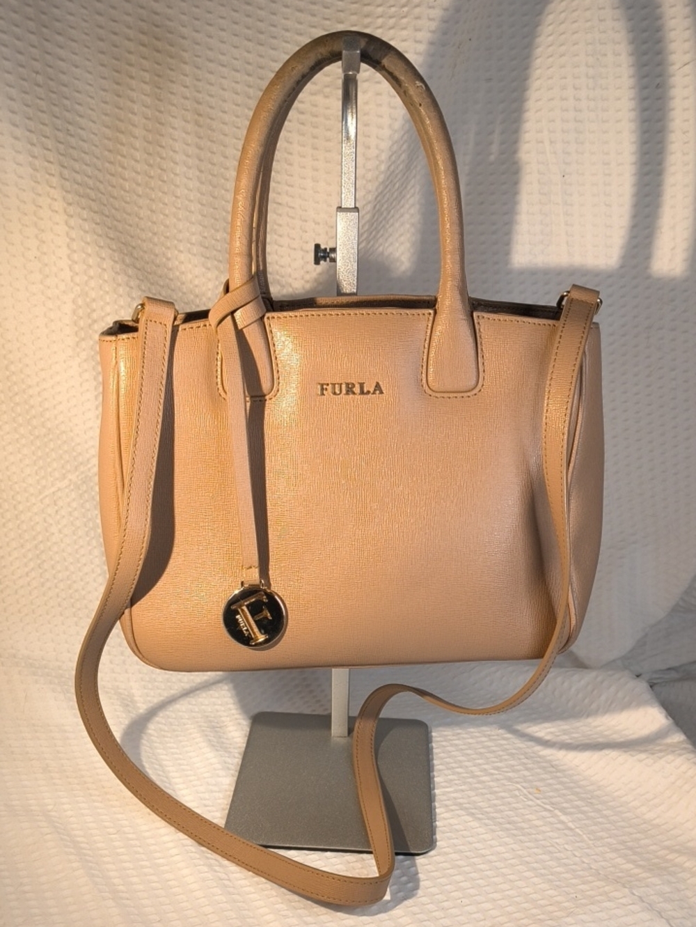 Furla Beige/Blush Pink Leather Top-Handle Satchel with Detachable Strap
